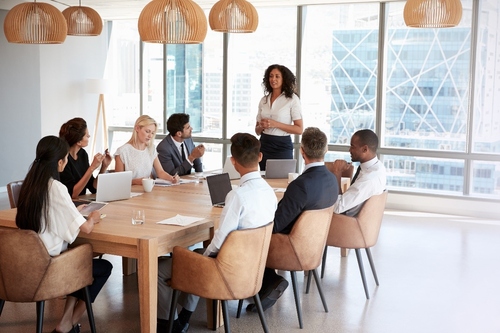Business meeting with a diverse team of professionals seated around a conference table