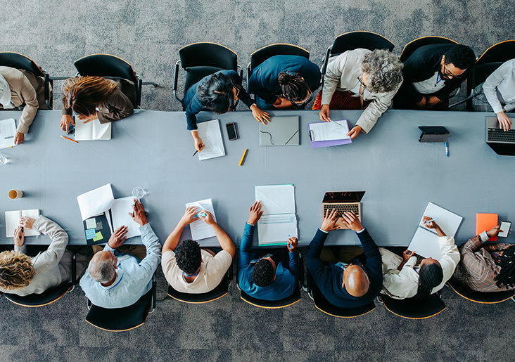 Top view of a team meeting in an office